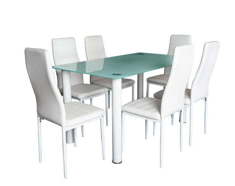 Mesa de Cristal Templado + 6 Sillas Polipiel. Comedor o Cocina