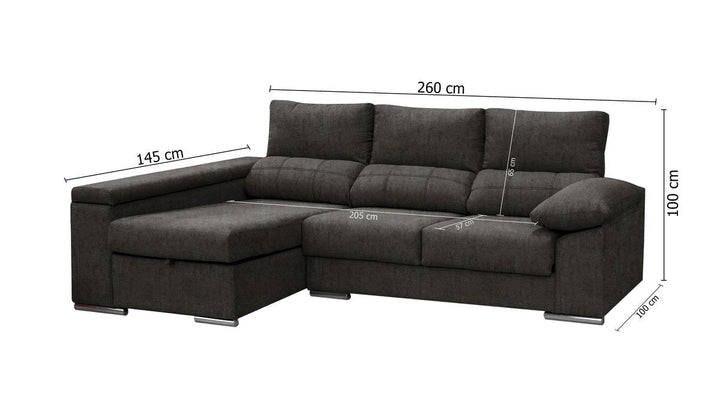 Sofa Chaise Longue Silver 260cm. Reclinable, con Arcon