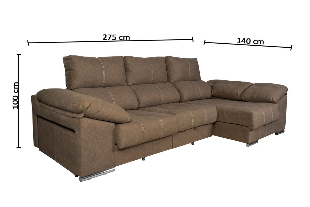 Sofa Cama Chaise Longue Yago 275cm. Reclinable, con Arcon +2 pufs