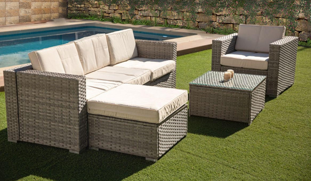 Sofa Chaise Longue + Sillon + Mesa. Muebles de Jardin y Terraza de Ratan PE