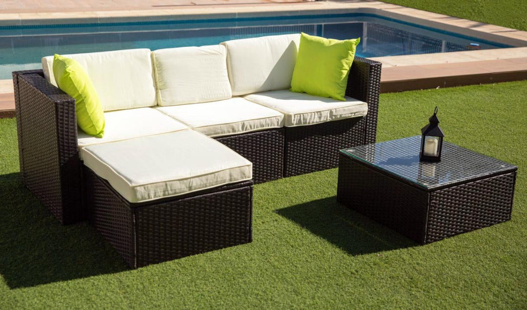 Sofa Chaise Longue de Ratan PE + Mesa Greca. Muebles de Jardin y Terraza