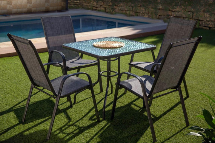 Mesa Cuadrada de Cristal Templado + 4 Sillas. Muebles de Jardin y Terraza