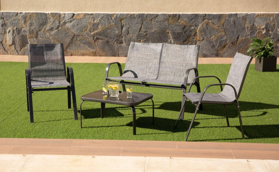 Sofa + 2 Sillas + Mesa de Cristal Templado. Muebles de Jardin y Terraza