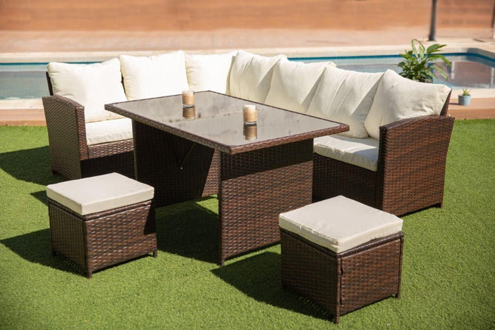 Sofa Rinconera + Mesa + 2 puffs de Ratan PE. Muebles de Jardin y Terraza