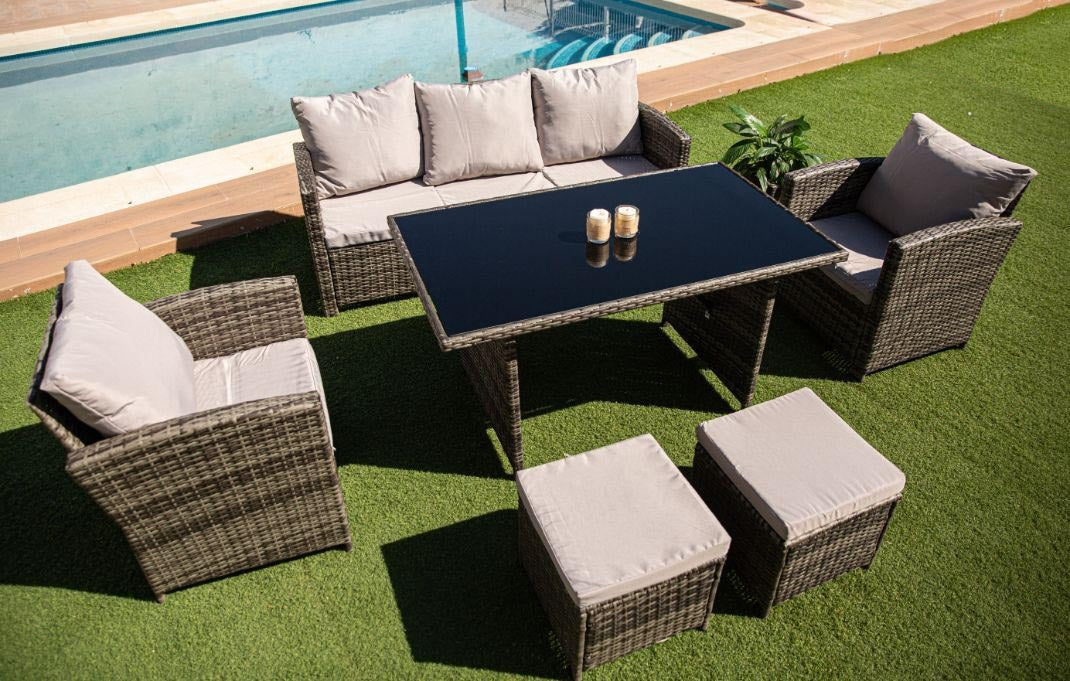 Sofa + Mesa + 2 Sillones+ 2 pufs de Ratan PE. Muebles de Jardin y Terraza