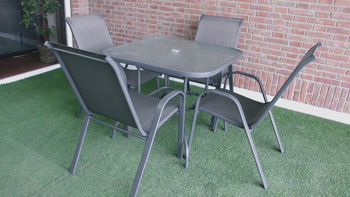 Mesa Cuadrada de Cristal Templado + 4 Sillas. Muebles de Jardin y Terraza