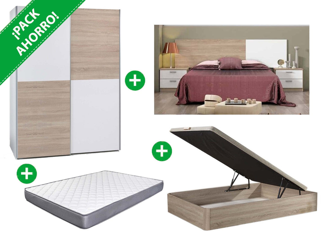 Pack Ahorro: Dormitorio Couple + Armario + Canape Abatible + Colchon Basic