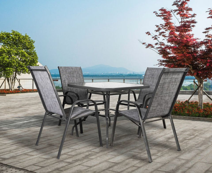 Mesa Cuadrada de Cristal Templado + 4 Sillas. Muebles de Jardin y Terraza