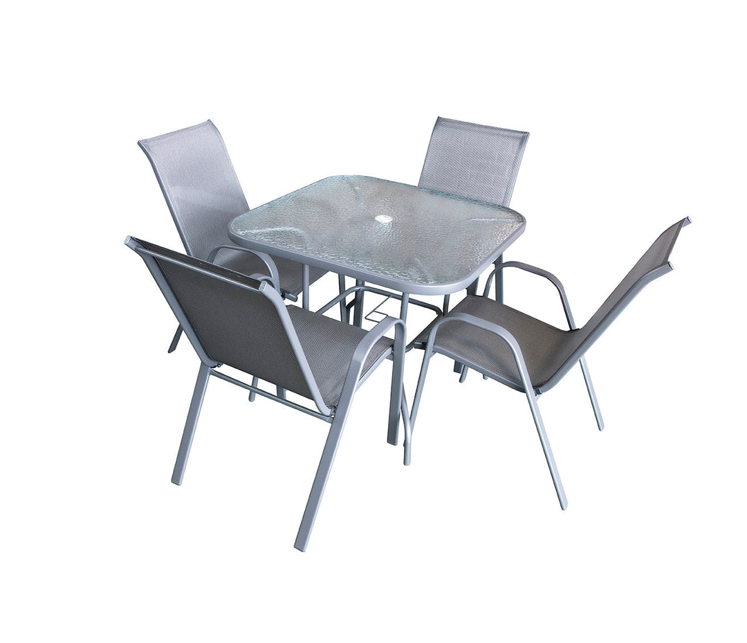 Mesa Cuadrada de Cristal Templado + 4 Sillas. Muebles de Jardin y Terraza