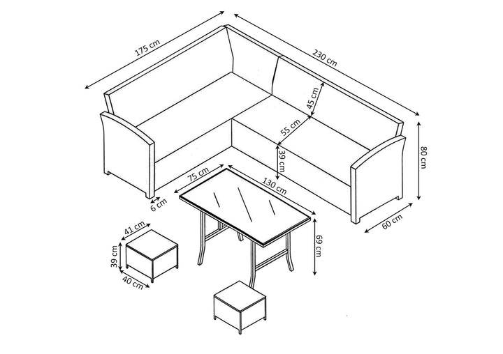 Sofa Rinconera + Mesa + 2 puffs de Ratan PE. Muebles de Jardin y Terraza