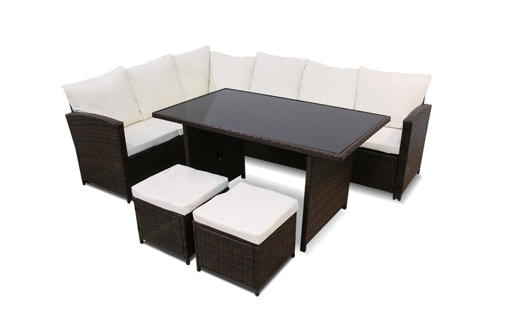 Sofa Rinconera + Mesa + 2 puffs de Ratan PE. Muebles de Jardin y Terraza