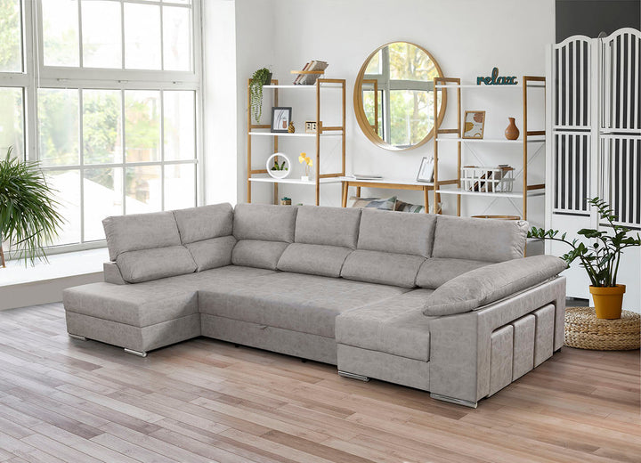 Sofa Cama Chaise Longue Cloud 345cm. Rinconera, con Arcon + 3 puffs