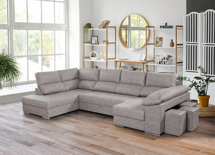 Sofa Cama Chaise Longue Cloud 345cm. Rinconera, con Arcon + 3 puffs