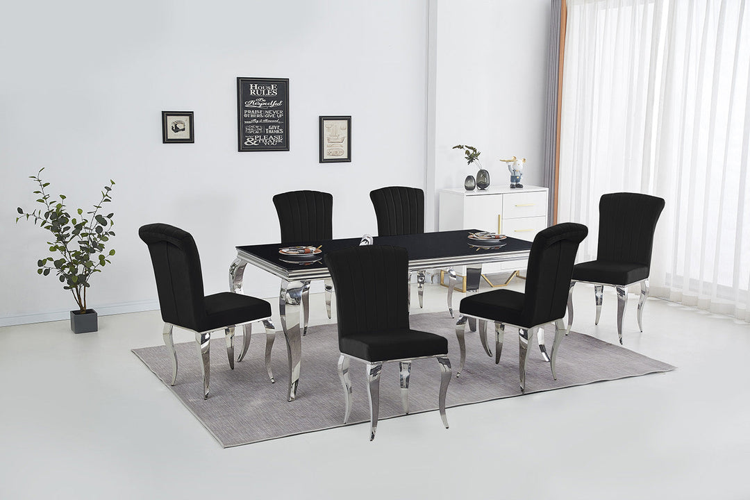 Mesa de Cristal Templado 160cm + 6 Sillas Negras. Comedor o Cocina