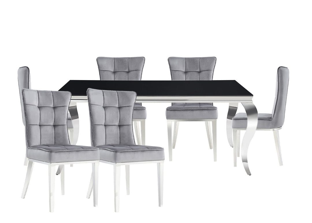 Mesa de Cristal Templado 160cm Negro + 6 Sillas Gris. Comedor o Cocina