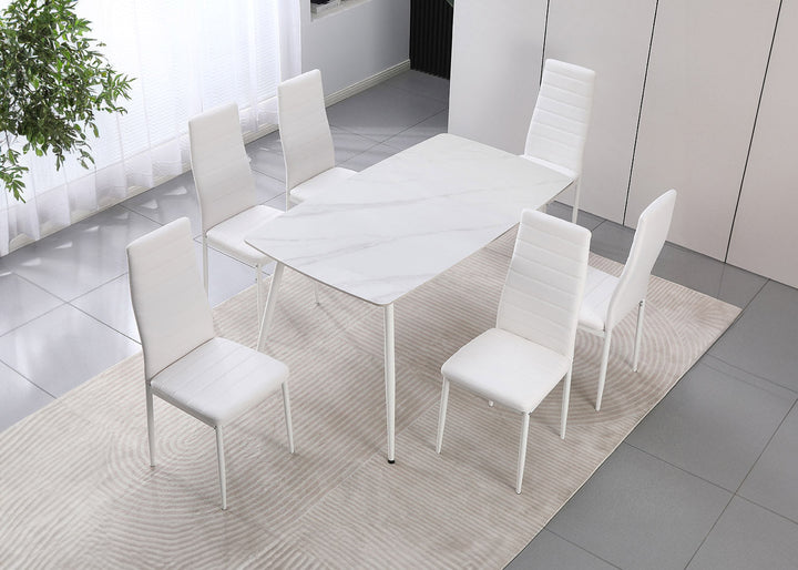 Mesa de Cristal Templado 140cm + 6 Sillas Polipiel. Comedor o Cocina