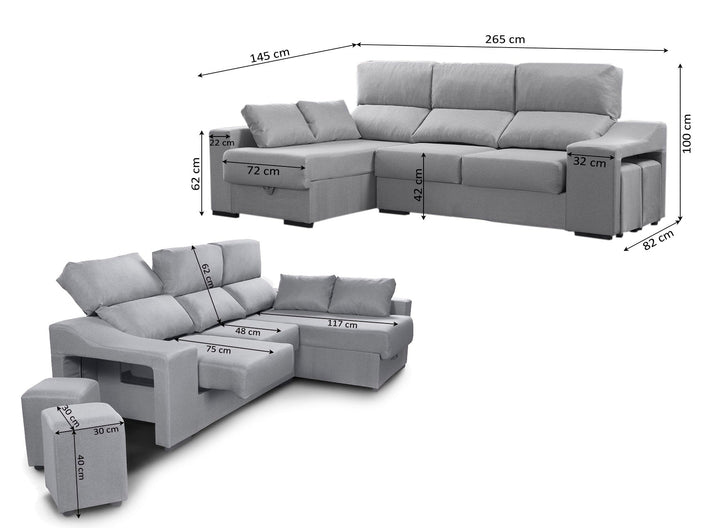 Sofa Chaise Longue Angelita con Arcon 265cm