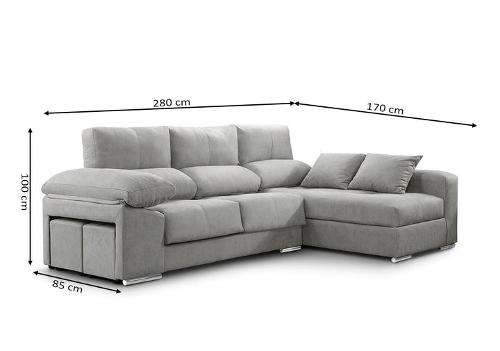 Sofa Chaise Longue Copi 280cm. Reclinable, +2 pufs